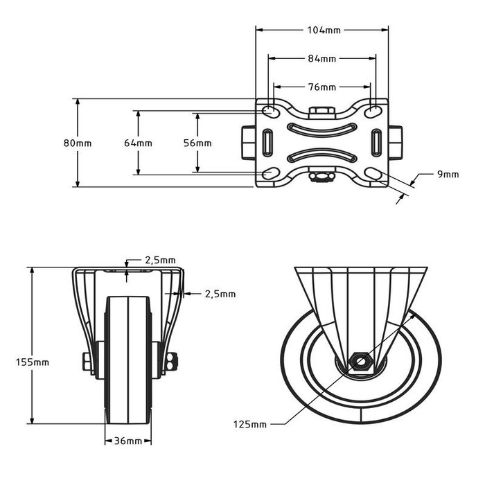 Rubber fixed castor 125 mm - roller bearing - 220 kg