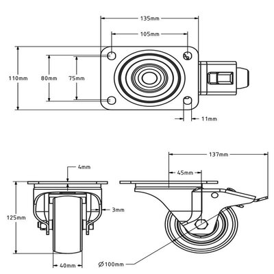 Roue pivotante en PU avec frein 100 mm - roulement à billes - 300 kg