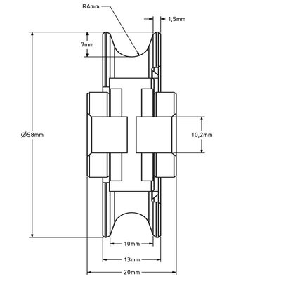 Roda de cabo 60 mm com ranhura em U - 100 kg