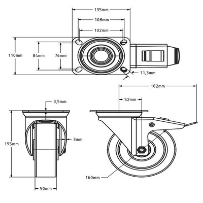 Roda giratória em borracha com travão 160 mm - rolamento de esferas - 350 kg