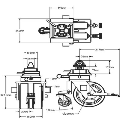 ISO shipping container swivel castor with brake 250 mm - 4500 kg