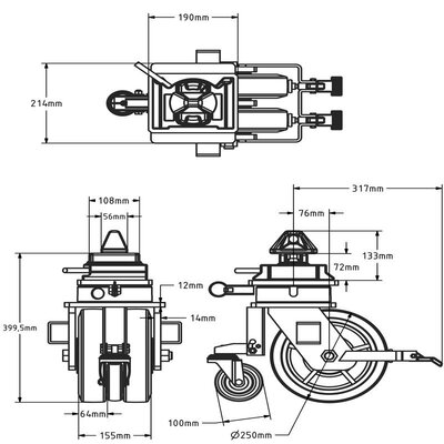 ISO shipping container swivel castor with brake 250 mm - 3000 kg