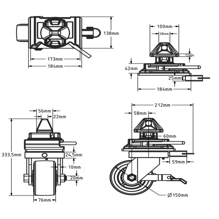 Rodízio giratório ISO para contentores marítimos com travão 150 mm - 1800 kg