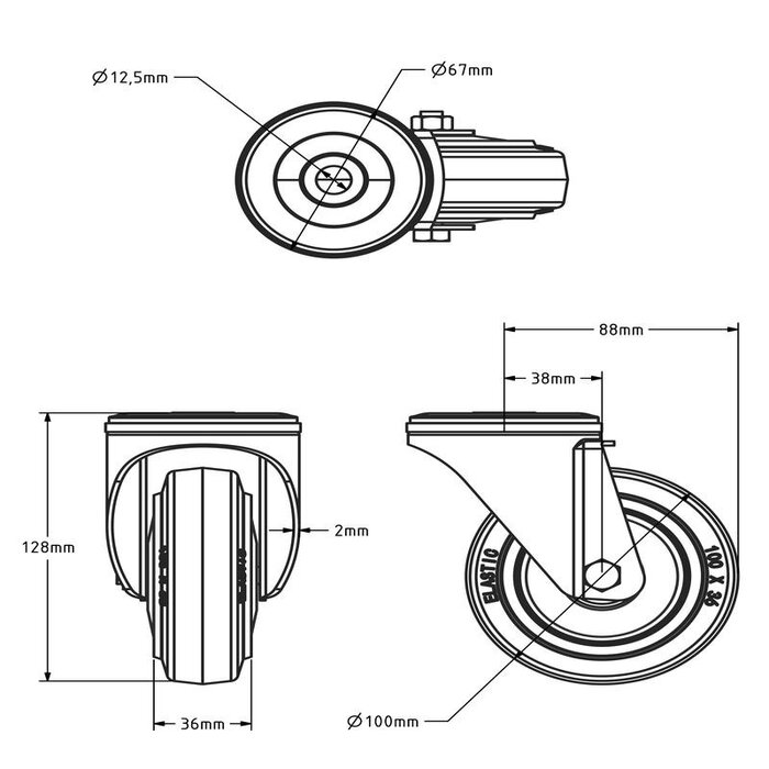 Roue pivotante en caoutchouc bleu 100 mm - 160 kg