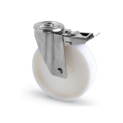 Rodízio giratório em aço inoxidável com travão 125 mm - Nylon - 200 kg
