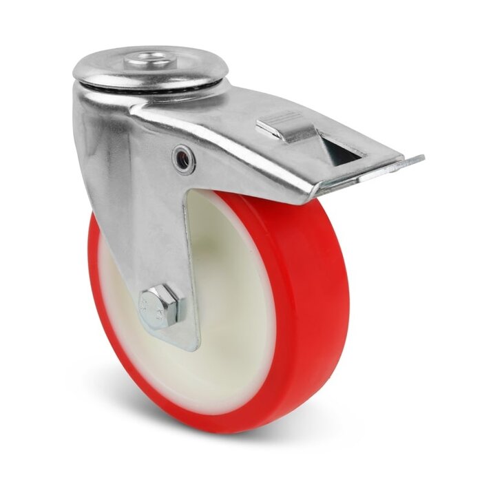 Ruota girevole in PU con freno 100 mm - cuscinetto a rulli - 150 kg