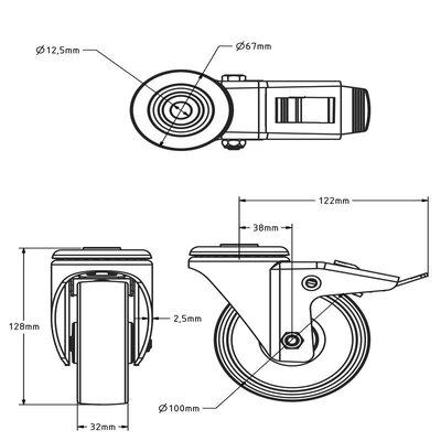 Rodízio giratório em PU com travão 100 mm - rolamento de rolos - 150 kg