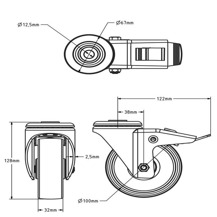 PU swivel castor with brake 100 mm - roller bearing - 150 kg