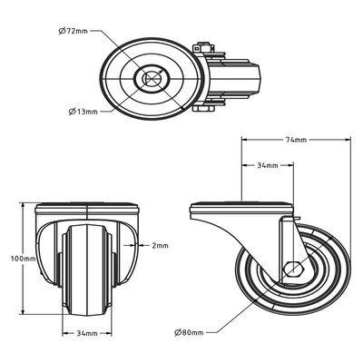Svart svinghjul 80 mm – rullelager – 100 kg