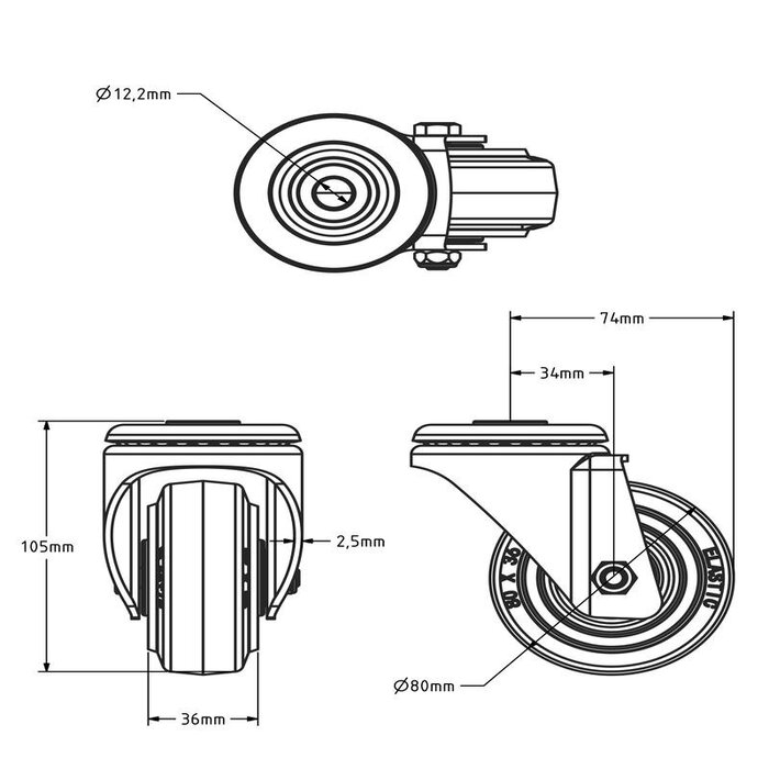 Rueda giratoria de goma de 80 mm - rodamiento de rodillos - 110 kg