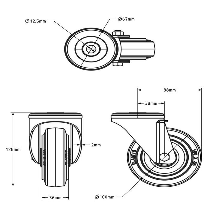 Gummi svängbart hjul 100 mm - rullager - 160 kg