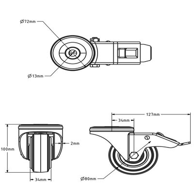 Svart svängbart hjul med broms 80 mm – rullager – 100 kg