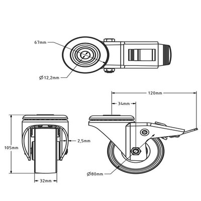 Rodízio giratório em nylon com travão 80 mm - rolamento de rolos - 130 kg