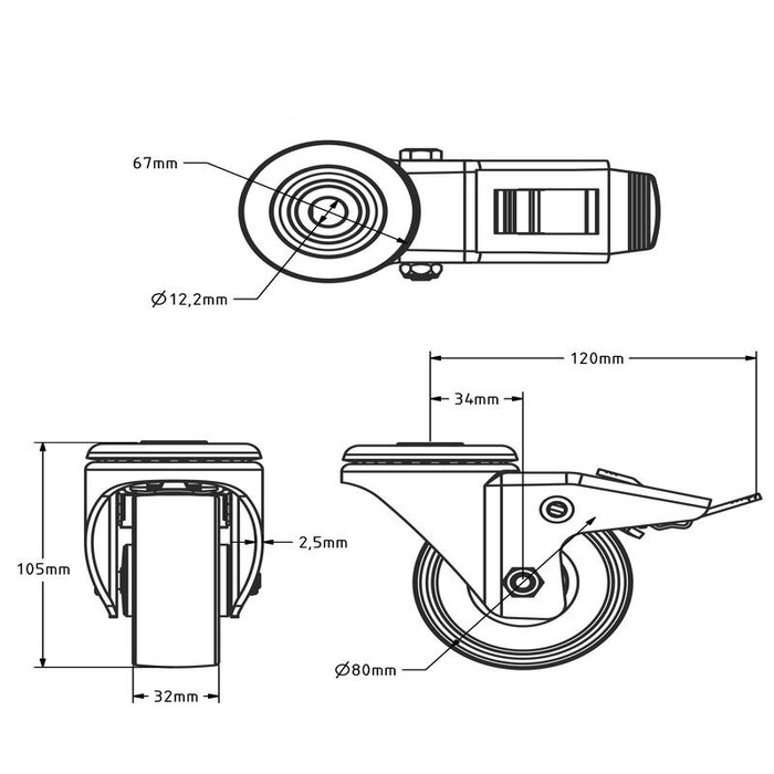 Roue pivotante en nylon avec frein 80 mm - roulement à rouleaux - 130 kg