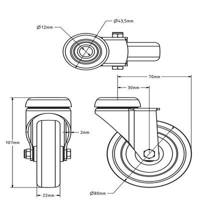 Rostfritt svängbart hjul 80 mm - Gummi - 50 kg