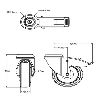 Rodas giratórias para aparelhos com travão 100 mm - rolamento de esferas - 100 kg