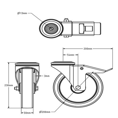 Sort drejeligt hjul med bremse 200 mm - rulleleje - 400 kg