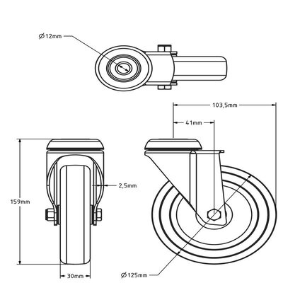 Rustfrit svinghjul 125 mm - Gummi - 100 kg