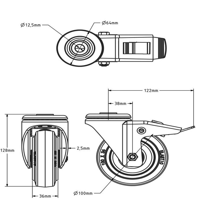 Rubber swivel castor with brake 100 mm - roller bearing - 160 kg