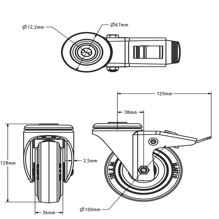 Rubber swivel castor with brake 100 mm - 160 kg