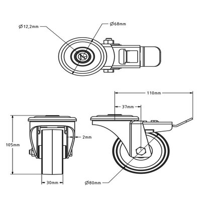 Rodízio giratório em aço inoxidável com travão 80 mm - Nylon - 120 kg