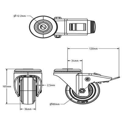 Roda giratória em borracha com travão 80 mm - rolamento - 110 kg