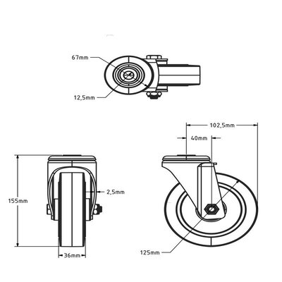 Roue pivotante en caoutchouc 125 mm - roulement à rouleaux - 220 kg