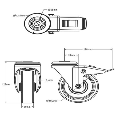 Roue pivotante en PU avec frein 100 mm - roulement à billes - 150 kg