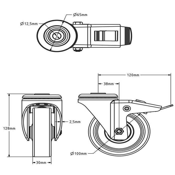 PU swivel castor with brake 100 mm - ball bearing - 150 kg