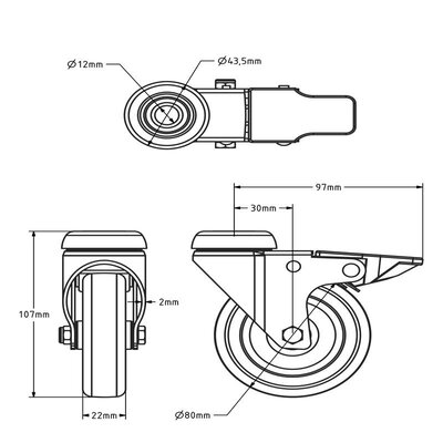 Rostfritt svängbart hjul med broms 80 mm - Gummi - 50 kg