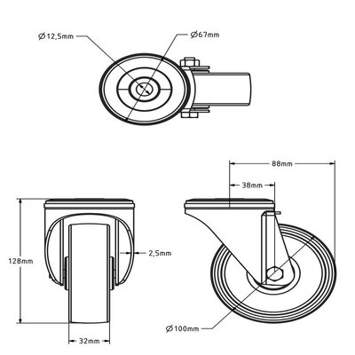 Ruota girevole in PU 100 mm - cuscinetto a rulli - 150 kg