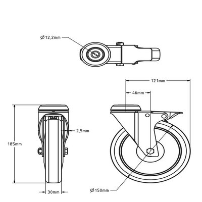 Rodas giratórias com travão 150 mm - rolamento de esferas - 100 kg