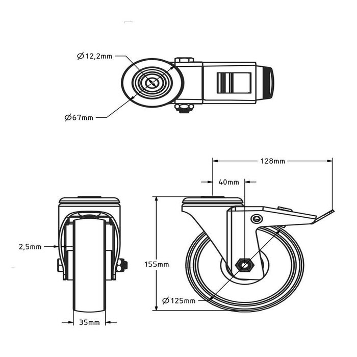 Rodízio giratório em nylon com travão 125 mm - rolamento de rolos - 200 kg