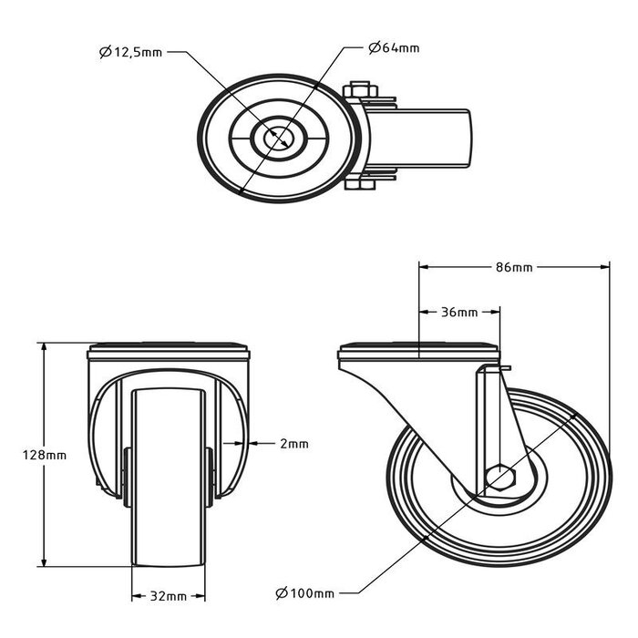 Nylon swivel castor 100 mm - roller bearing - 200 kg