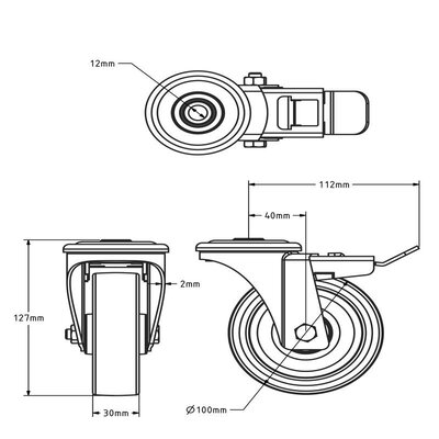 Rodízio giratório em aço inoxidável com travão 100 mm - rolamento - 150 kg