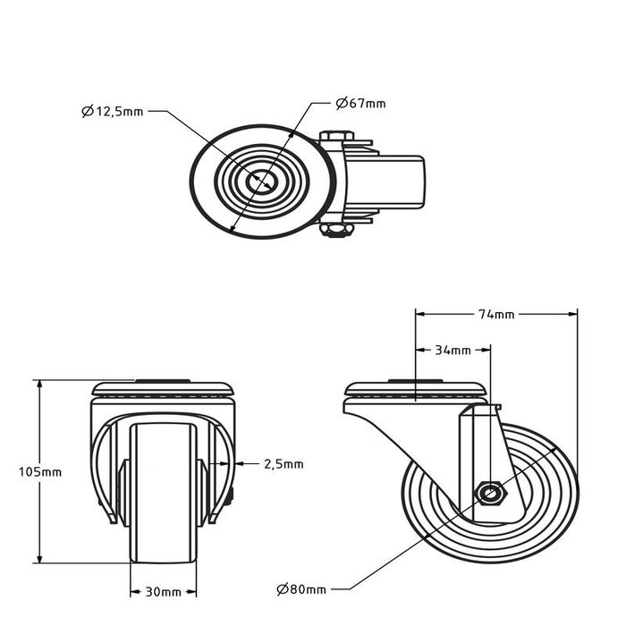 Rodízio giratório em PU 80 mm - rolamento de esferas - 120 kg