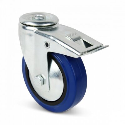Roda giratória em borracha azul com travão 100 mm - 160 kg