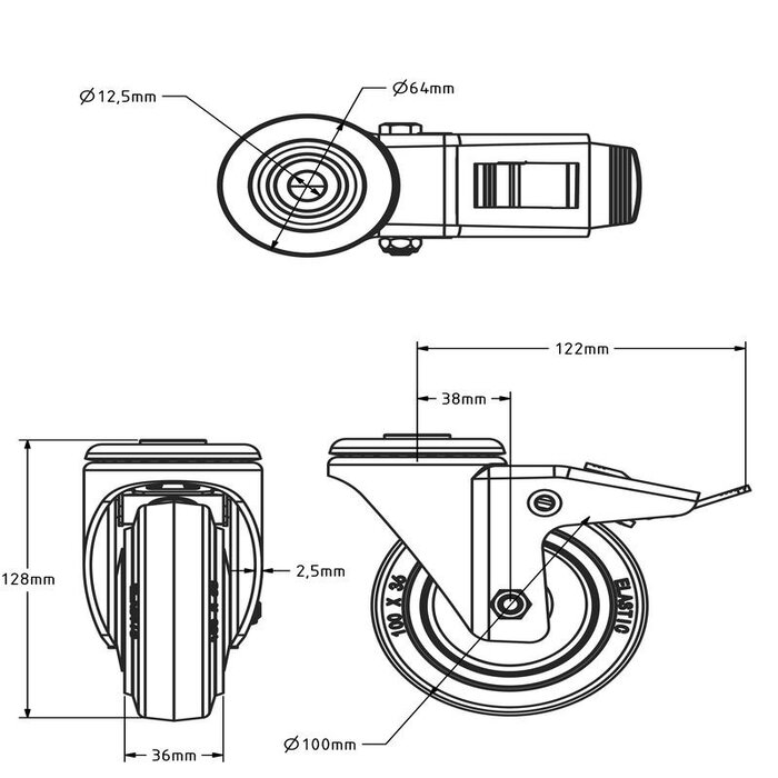 Ruota girevole con freno in gomma blu 100 mm - 160 kg