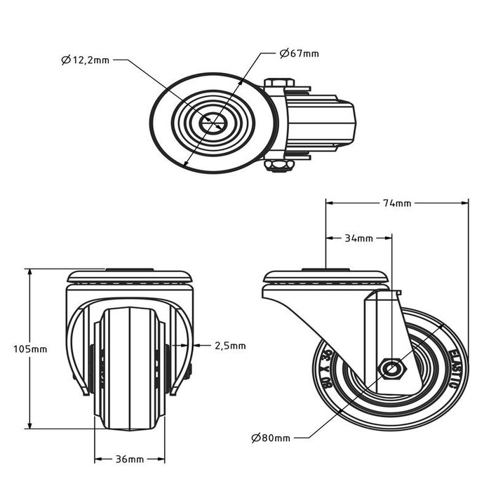 Gummi svängbart hjul 80 mm – rullager – 110 kg