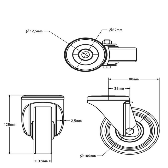 Rueda giratoria de PU 100 mm - rodamiento de bolas - 150 kg