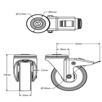 Rodízio giratório em nylon com travão 100 mm - rolamento de rolos - 200 kg