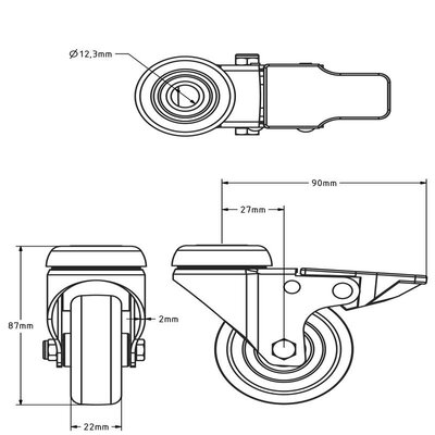 Rodízio giratório em aço inoxidável com travão 60 mm - Borracha - 40 kg