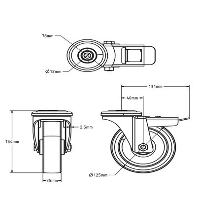 Rodízio giratório em aço inoxidável com travão 125 mm - rolamento - 200 kg