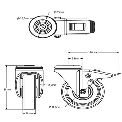 Roue pivotante en caoutchouc avec frein 100 mm - roulement à billes - 100 kg