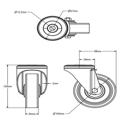 Roue pivotante en caoutchouc 100 mm - roulement à billes - 100 kg