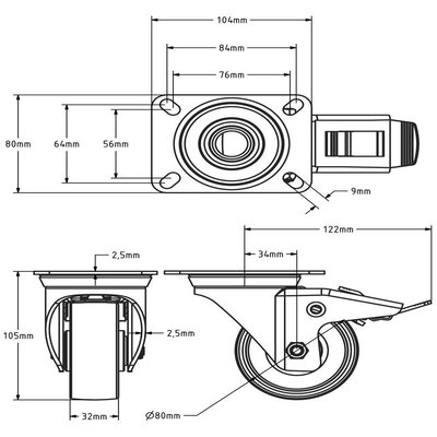 Roda giratória em PU com travão 80 mm - rolamento de rolos - 130 kg