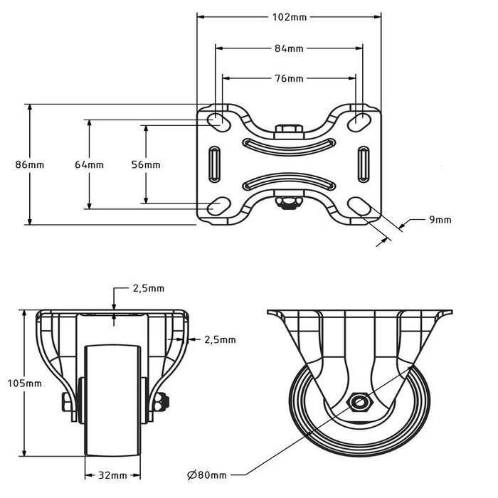 PU fixed castor wheel 80 mm - roller bearing - 130 kg