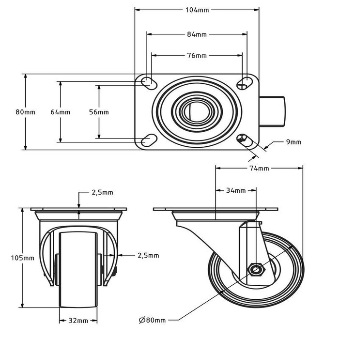 PU колело с шарнир 80 mm - ролкови лагери - 130 kg