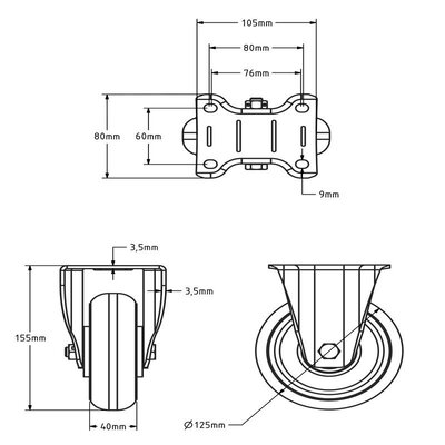 PU fixed castor 125 mm brown convex - 310 kg