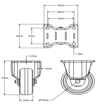 PU fixed castor wheel 100 mm brown convex - 270 kg